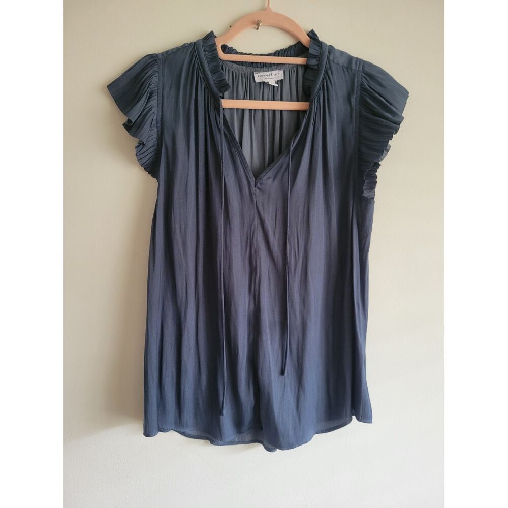 Current Air Women's XS Smokey Blue Tie-Neck Blouse Flutter Sleeves